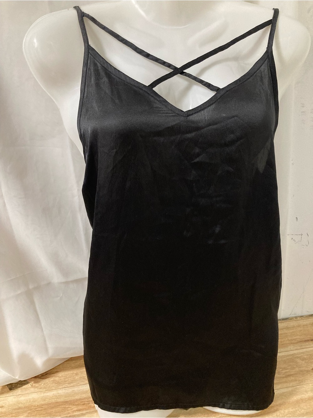 Noisy May Black Satin Strappy Cami Tank Top Cross Front Size M